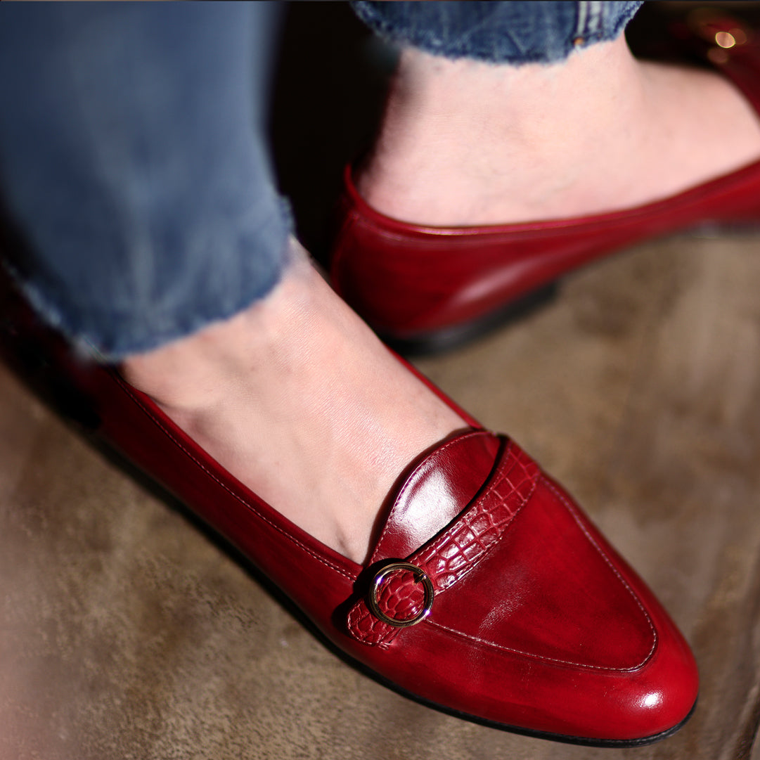 [women's] reunion - buckle loafers - baby calfskin / patina dye (red) x Niloticus crocodile / patina dye (red)