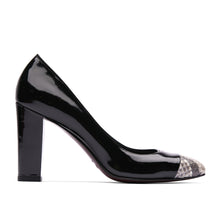 Load image into Gallery viewer, [women&#39;s] reunion - combination pumps - black patent leather x white python
