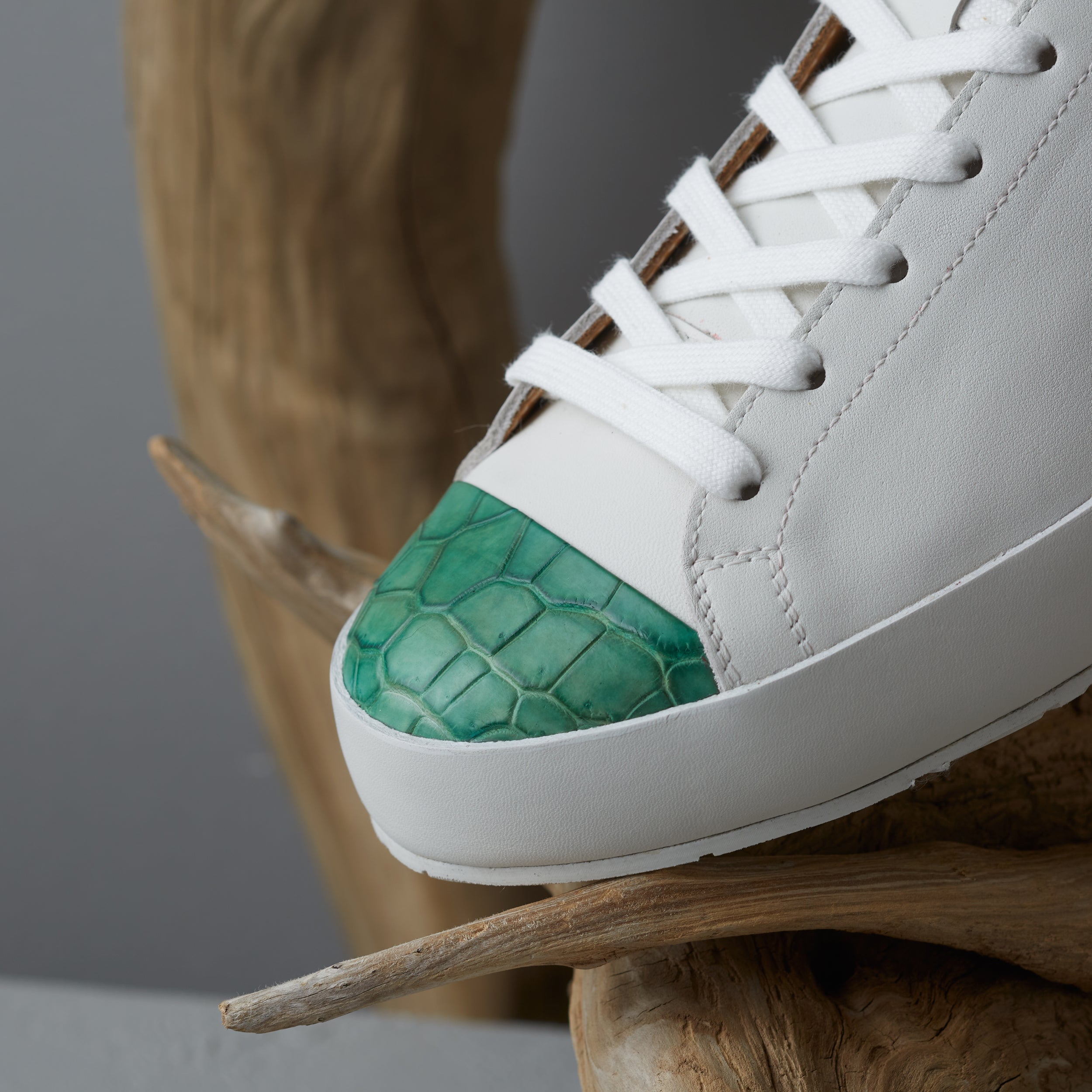 [women's] Liberte - low-top sneakers - combination toe white and green crocodile