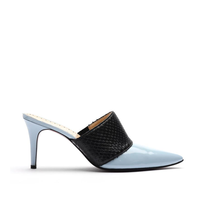 [women's] From Iris - combination mules - sky blue patent leather x black python