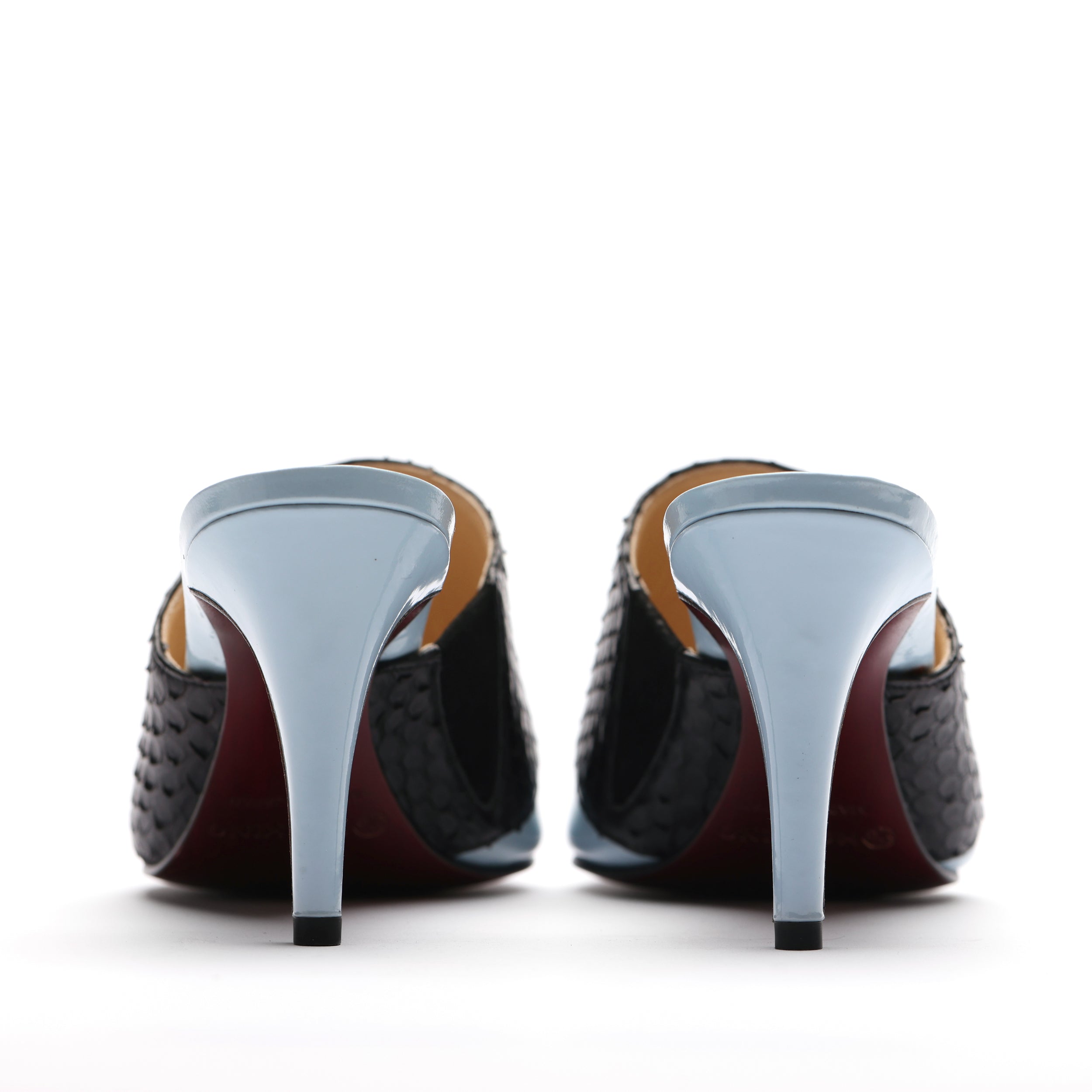 [women's] From Iris - combination mules - sky blue patent leather x black python