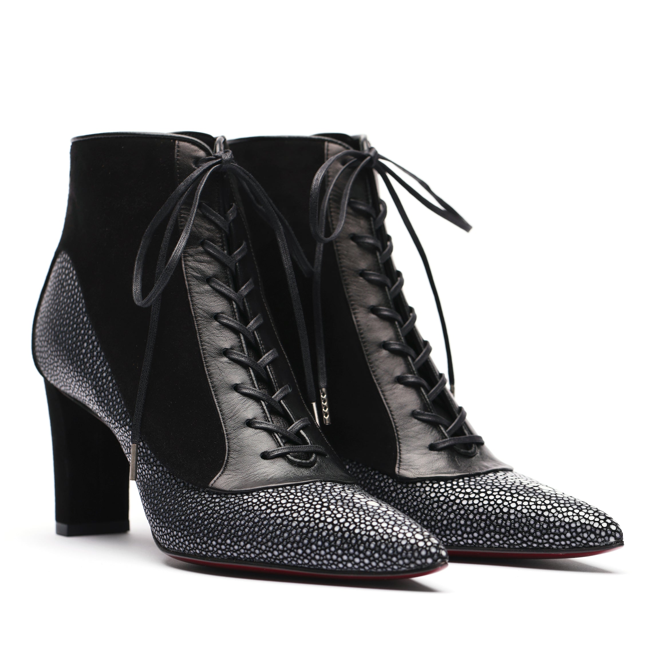 [women's] reunion - veil-line lace-up ankle-boots - black suede x black stingray x black lambskin
